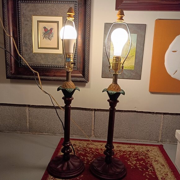 Vtg Pineapple Lamps Coastal Tropical Lamp Pair 3 Way Buffet Table Lightweight - Picture 17 of 17